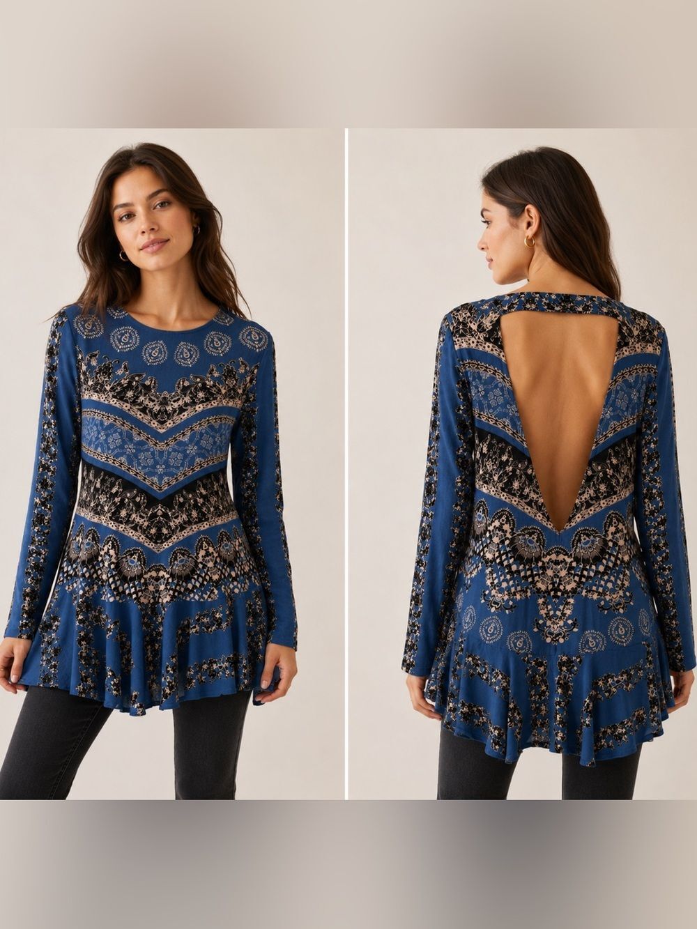 Free People Smooth Talker Blue Tunic Dress Top Open Back Size S